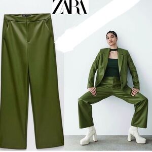 Zara Green high-rise faux leather pleather straight bootcut pants vegan XS